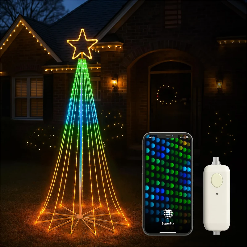 XMAS HAUS 240cm Outdoor Christmas Cone Tree, RGB, APP and Remote Control, Timer, 804 LED, IP20 Power Supply, Festive Seasonal Decoration