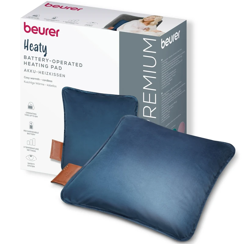 Beurer Heaty Heat pad, Cordless Heat pad with Battery, Automatic Switch-Off Function and 3 Temperature Settings, with Fast Heating, Soft Velvet Fabric, Blue
