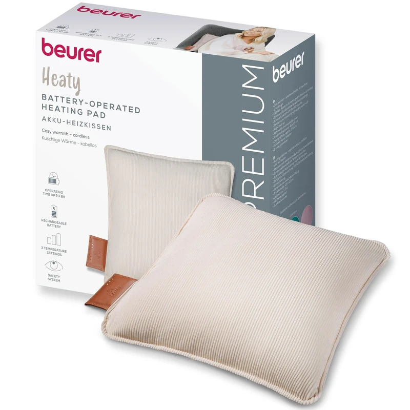 Beurer Heaty Heat pad, Cordless Heat pad with Battery, Heating pad with Automatic Switch-Off Function and 3 Temperature Settings, with Fast Heating, Soft Corded Fabric, White