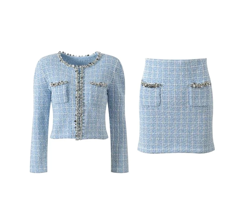 Lady Solid Office Casual Sequins Suit O-Neck Long Sleeve Cardigan Mini Pencil Skirt Women Knit Blue