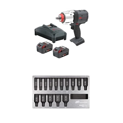 Ingersoll-Rand W7153-K22B-EU DXS2 1/2" 20V Cordless Impact Wrench 2 Battery Kit, 1600 ft-lb, Friction Ring with DXS2 Deep Metric Impact Socket Set, 15-Piece, Chrome-Molybdenum Steel, Hex Drive