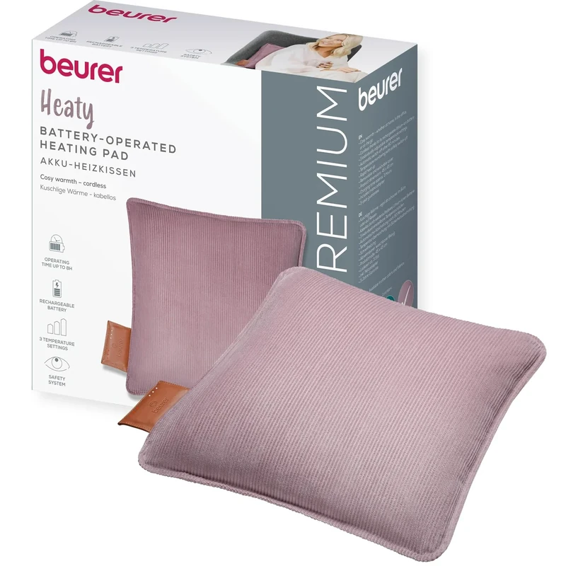 Beurer Heaty Heat pad, Cordless Heat pad with Battery, Heating pad with Automatic Switch-Off Function and 3 Temperature Settings, with Fast Heating, Soft Corded Fabric, Purple