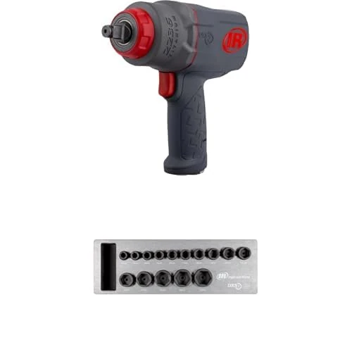 Ingersoll-Rand 2236QTIMAX DXS2 1/2" Air Impact Wrench, Quiet, 1500 ft-lb, Titanium Hammercase, Friction Ring Retainer with DXS2 Drive Hex Metric Impact Socket Set, 15-Piece, Chrome-Molybdenum Steel