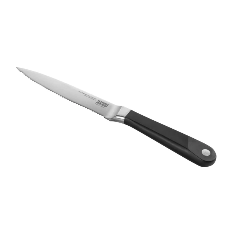 Kuhn Rikon Culinary Forged Serrated Utility Knife Rockwell-Hardened Carbon Steel Blade. Durable, Sharp Knife. Total Length = 25cm. Blade Length = 13cm. Full Tang Precision Balance.