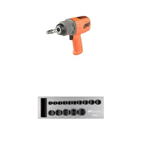 Ingersoll-Rand 2236QTIMAX-O DXS2 1/2" Air Impact Wrench, 1500 ft-lb Torque, Titanium Hammercase, Orange with DXS2 Drive Hex Metric Impact Socket Set, 15-Piece, Chrome-Molybdenum Steel