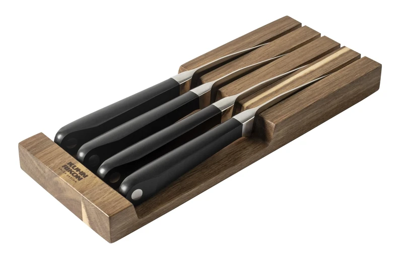 Kuhn Rikon Culinary Forged Steak Knife Set 4 pcs with Acacia Tray – Forged Steel Blades for Effortless Meat Cutting – Elegant Wooden Storage for Safe and Stylish Organisation