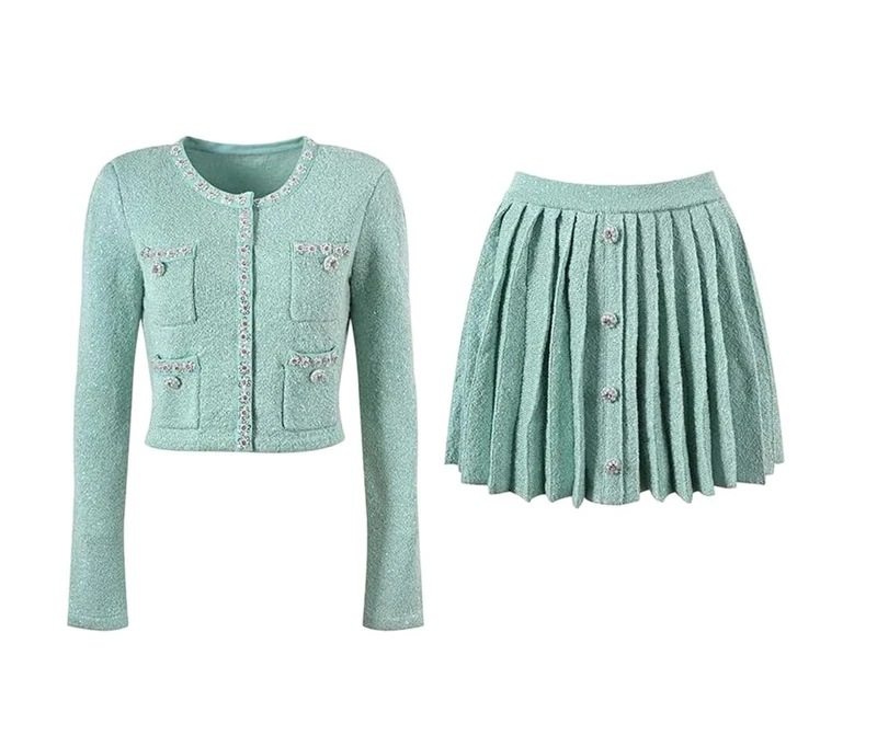 Lady Office Solid Knit Suit Beads Sequined Single-Breasted Cardigan Pleated Mini Skirt Sets