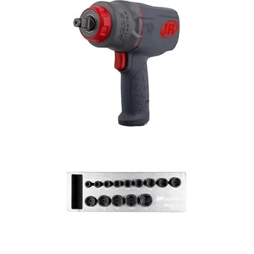 Ingersoll-Rand 2236QTIMAX DXS2 1/2" Air Impact Wrench, 1500 ft-lb, Titanium Hammercase, Friction Ring Retainer with DXS2 Drive Hex SAE Imperial Impact Socket Set, 14-Piece, Chrome-Molybdenum Steel