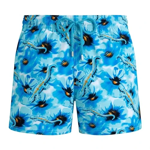 Vilebrequin, Stretch Short Swim Shorts Poppies and Geckos, XL, Blue Topaz
