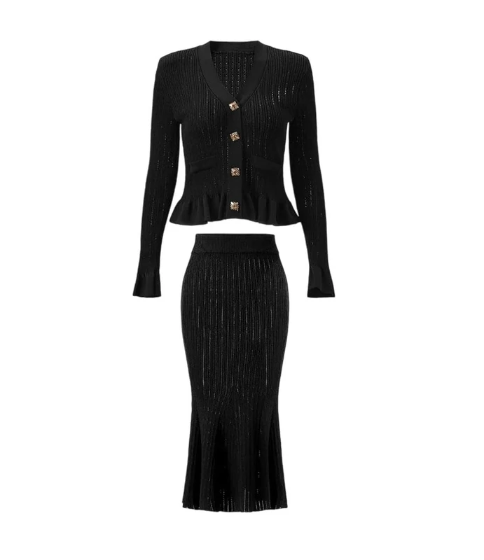Women Knit Sets Solid Sweaters Mermaid Skirt Elastic Fabric Sweater Mini Skirt Set Black