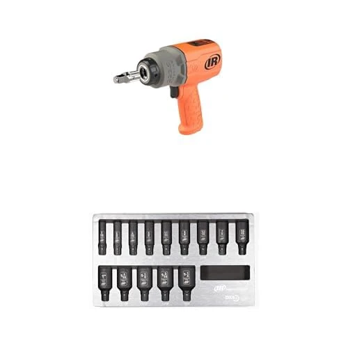 Ingersoll-Rand 2236QTIMAX-O DXS2 1/2" Air Impact Wrench, Quiet, 1500 ft-lb Torque, Titanium Hammercase, Orange with 14-Piece DXS2 Drive Hex Deep SAE Imperial Impact Socket Set, Chrome-Molybdenum Steel