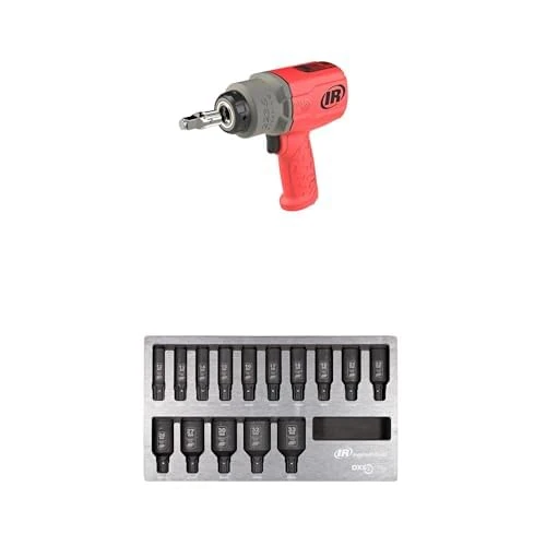 Ingersoll-Rand 2236QTIMAX-R DXS2 1/2" Air Impact Wrench, Quiet, 1500 ft-lb Torque, Titanium Hammercase, Friction Ring, Red with DXS2 Deep Metric Impact Socket Set, 15-Piece, Chrome-Molybdenum Steel