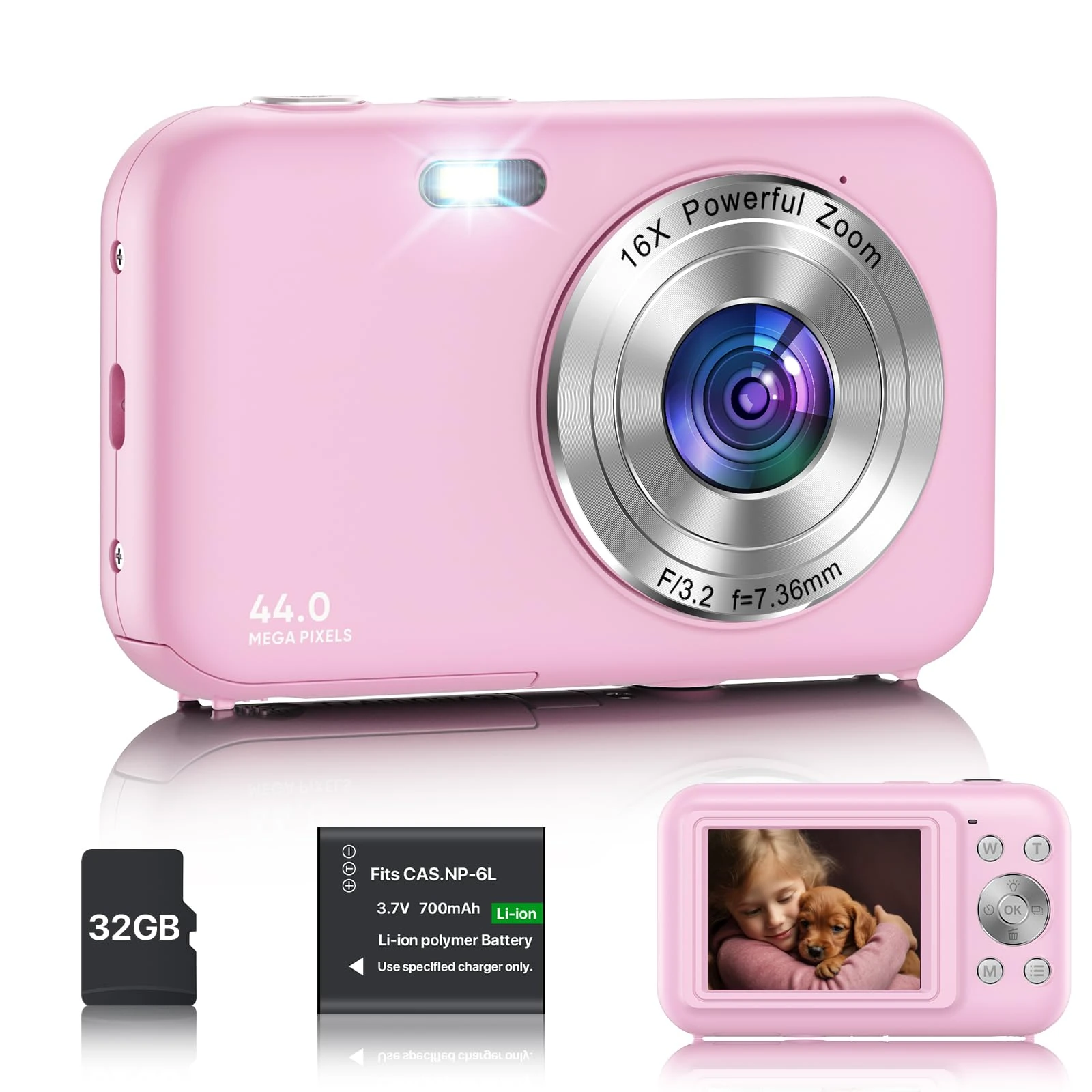 Digital Camera, FHD 1080P 44MP Kids Camera, Portable Compact Digital Camera with 16X Digital Zoom, New Models Rechargeable Camera for Kids Teenagers Beginners Boy Girl (Pink)