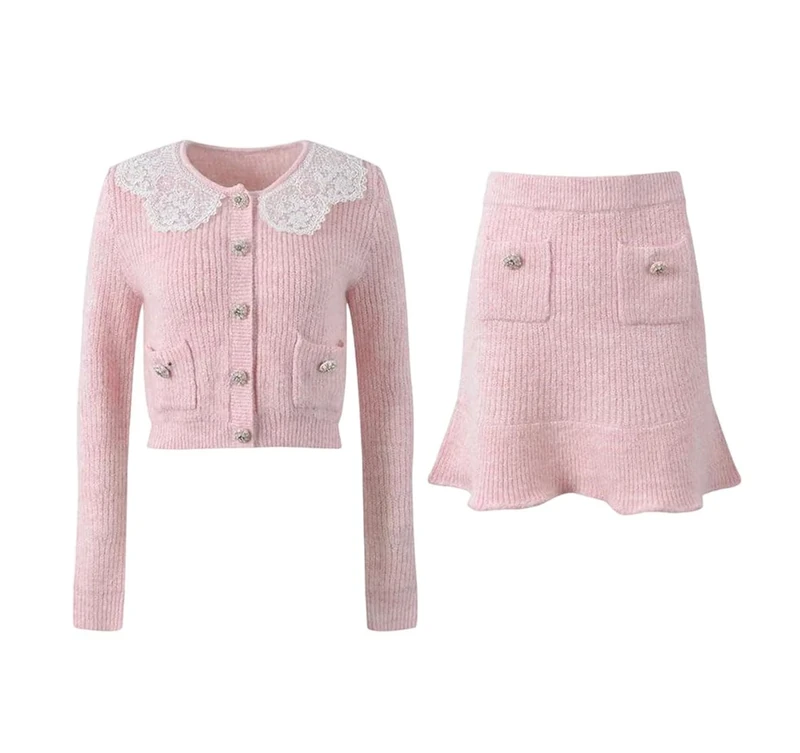 Lace Peter Pan Collar Lady Long Sleeve Single-Breasted Cardigan Mini A-Line Skirt Set Women Knits