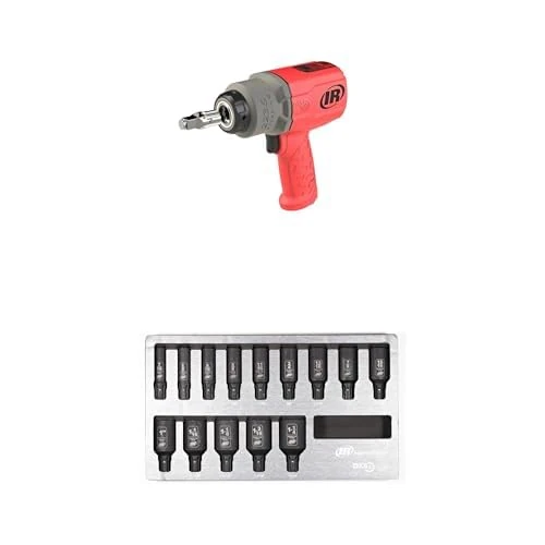 Ingersoll-Rand 2236QTIMAX-R DXS2 1/2" Air Impact Wrench, Quiet, 1500 ft-lb Torque, Titanium Hammercase, Red with 14-Piece DXS2 Drive Hex Deep SAE Imperial Impact Socket Set, Chrome-Molybdenum Steel