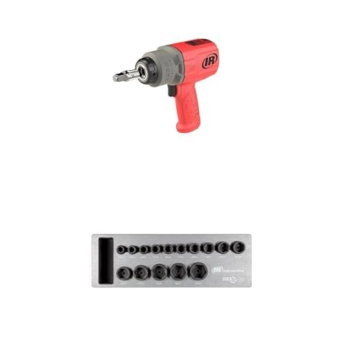 Ingersoll-Rand 2236QTIMAX-R DXS2 1/2" Air Impact Wrench, Quiet, 1500 ft-lb Torque, Titanium Hammercase, Red with DXS2 Drive Hex Metric Impact Socket Set, 15-Piece, Chrome-Molybdenum Steel
