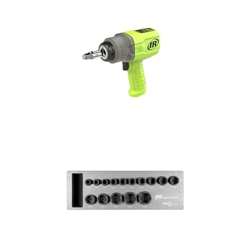 Ingersoll-Rand 2236QTIMAX-G DXS2 1/2" Air Impact Wrench, Quiet, 1500 ft-lb Torque, Titanium Hammercase, Green with DXS2 Drive Hex Metric Impact Socket Set, 15-Piece, Chrome-Molybdenum Steel