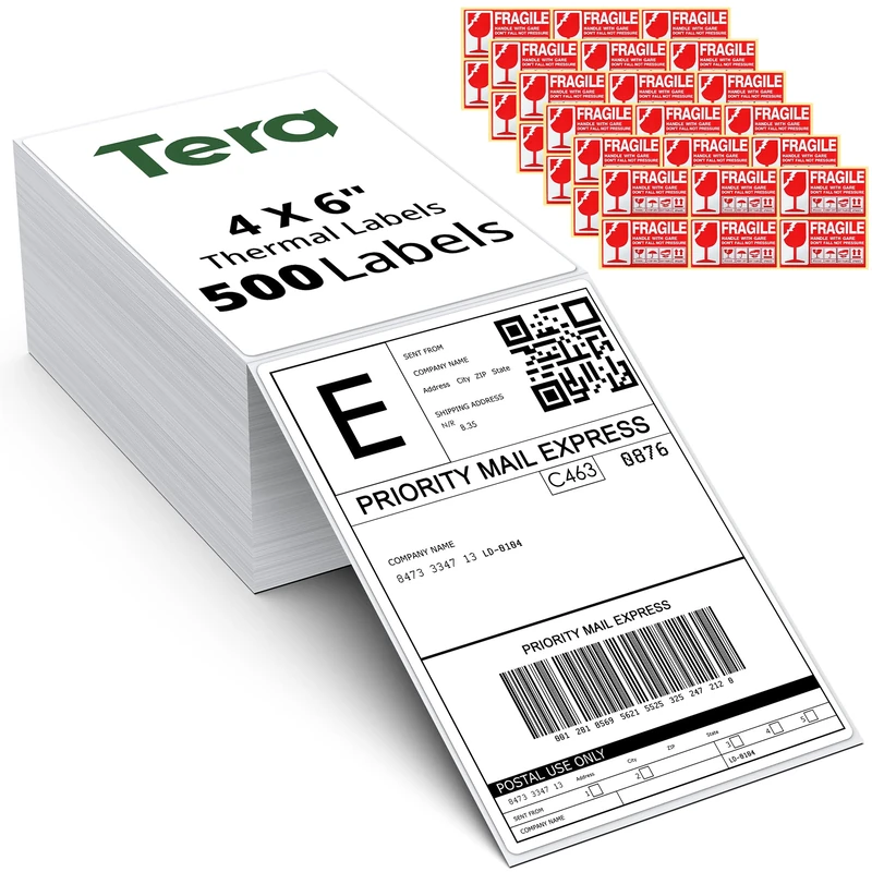 Tera Direct Thermal Labels 4x6: 500 Fanfold Shipping Labels with Perforated Strong Adhesive Printer Paper for Thermal Printer Commercial Grade with 48 Fragile Sticker Labels - Image 1