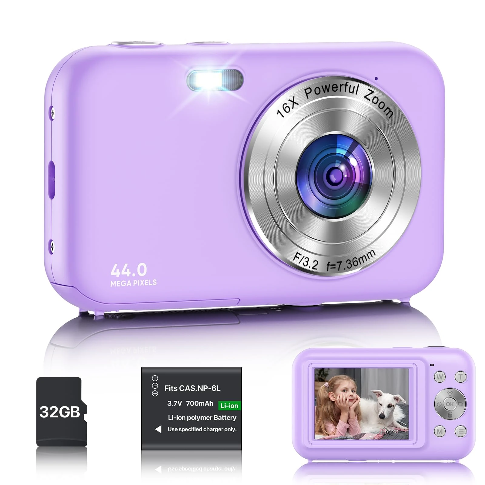 Digital Camera, FHD 1080P 44MP Kids Camera, Portable Compact Digital Camera with 16X Digital Zoom, New Models Rechargeable Camera for Kids Teenagers Beginners Boy Girl (Purple)
