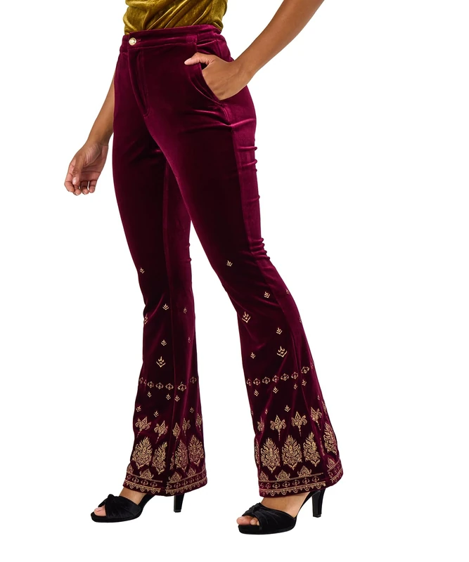 Joe Browns Women's Embroidered Velvet Flared Trousers Suit Pants, Purple, 16