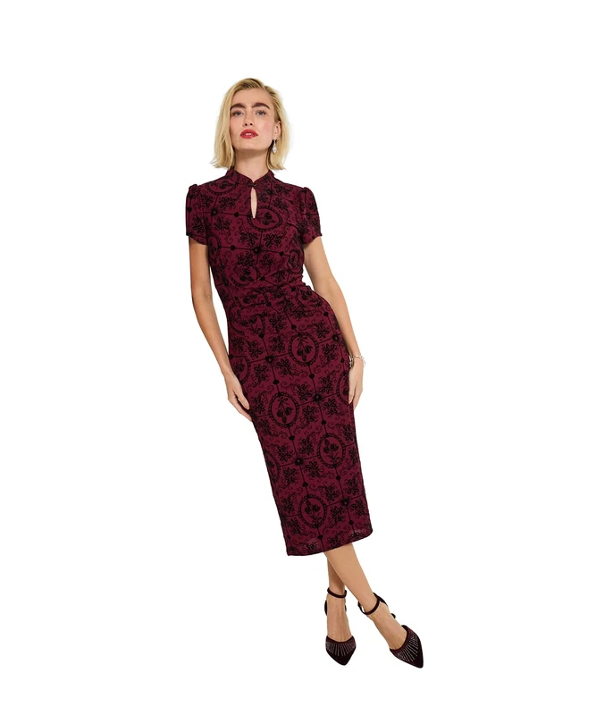 Joe Browns Women's Flocked Stretch Midi Dress, Regular, Red, UK 8