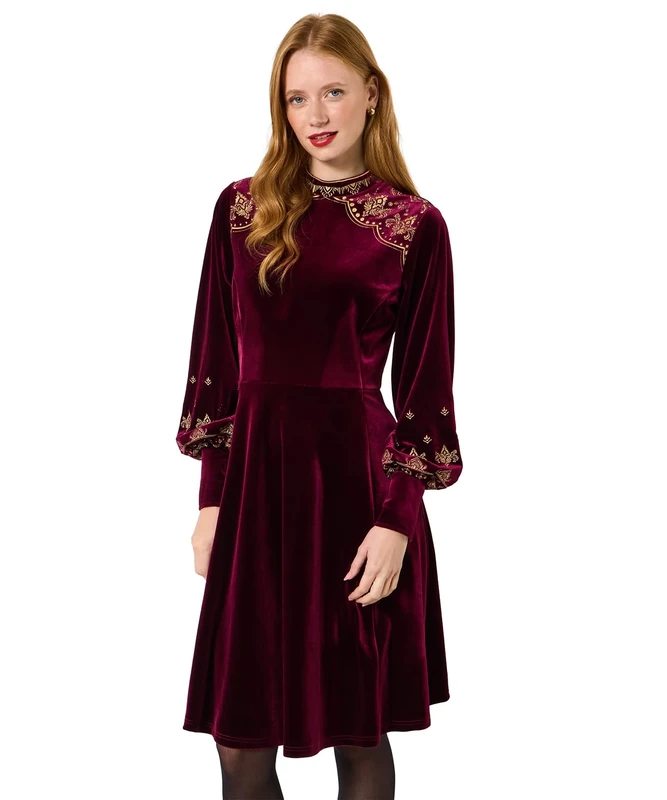 Joe Browns Women's Embroidered Stretchy Velvet Dress, Regular, Red, UK 12