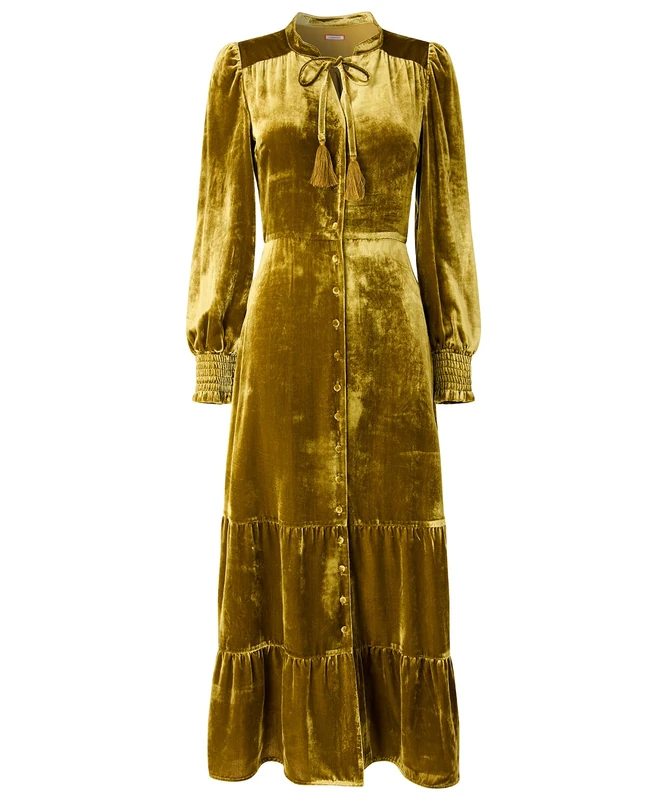 Joe Browns Women's Tassel Neck Tie Boho Velour Dress, Regular, Gold, UK 12