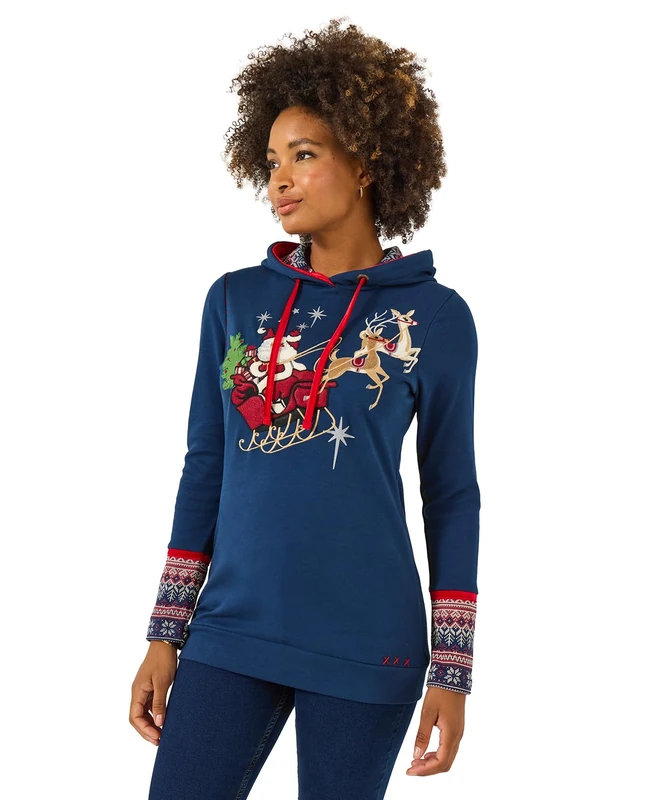 Joe Browns Women's Longline Festive Hoodie Hooded Sweatshirt, Blue, 16