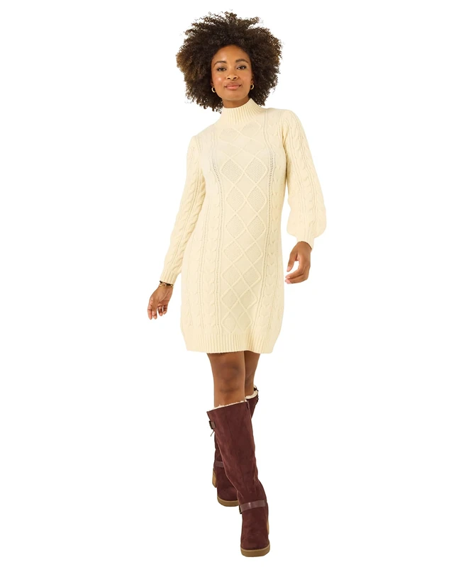 Joe Browns Women's Chunky Cable Knit Mini Dress Pullover Sweater, Beige, 14