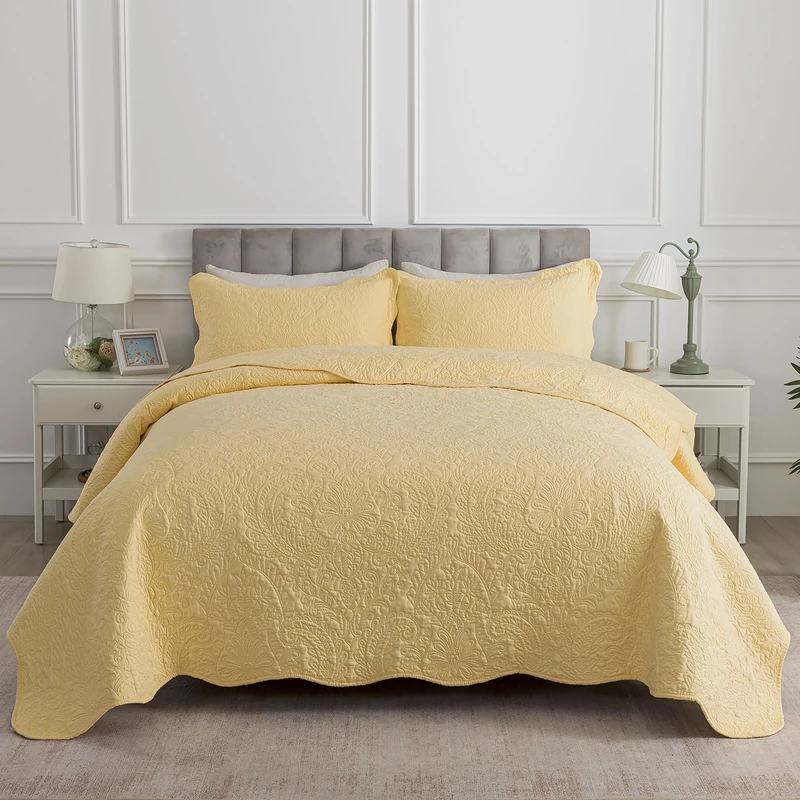 HoneiLife Queen Size Quilt Sets - 3 Piece Queen Quilt Bedding Set Microfiber Quilt Set Lightweight Bedspreads Reversible Coverlets Retro Bed Cover Floral Bedding Set All Season Quilts-Yellow