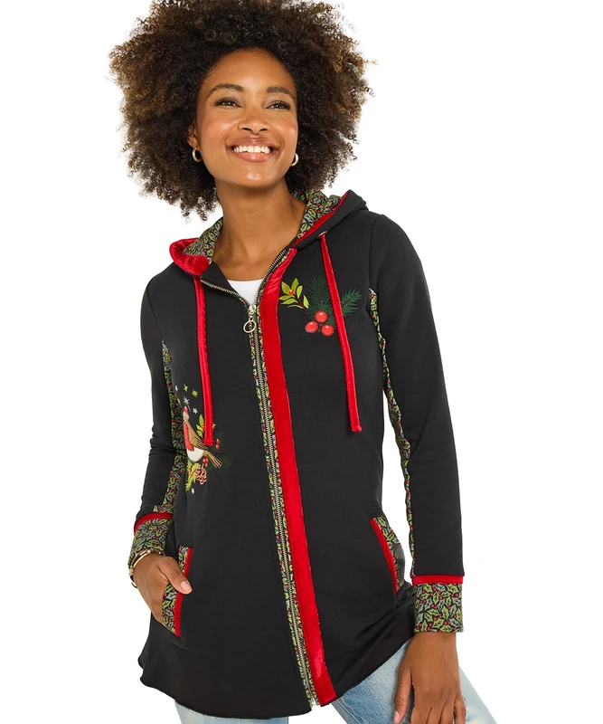 Joe Browns Women's Festive Robin Print Hoodie Hooded Sweatshirt, Black, 8