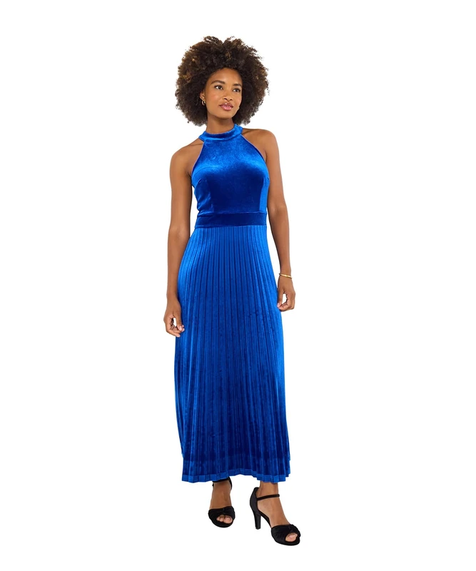 Joe Browns Women's Halter Neck Velour Maxi Dress, Blue, 44 Petite