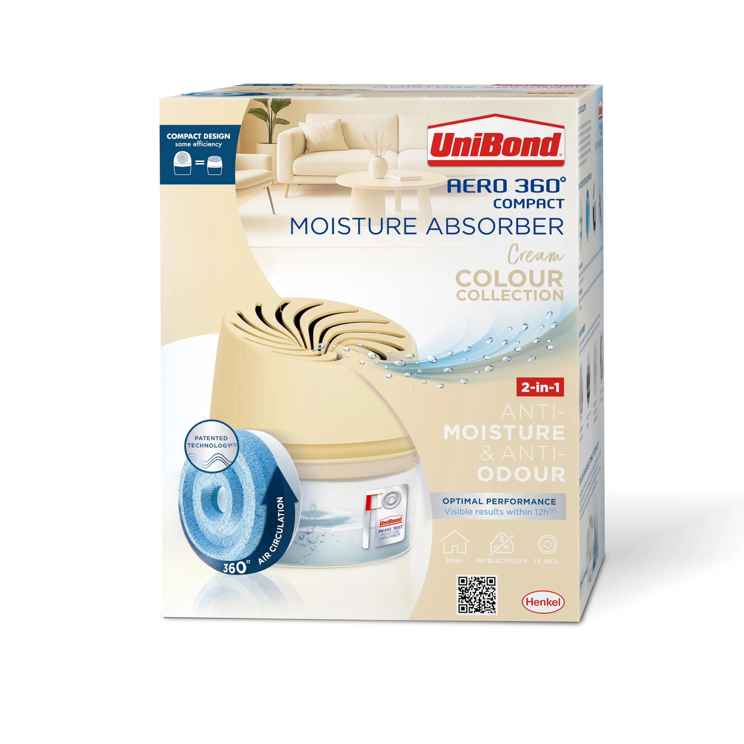 UniBond Aero 360° Compact Moisture Absorber Colour Collection, Cream, 1 Device incl. 1 refill tab 450g, Dehumidifier and Condensation Absorber for Reducing Excess Moisture