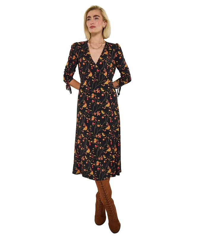 Joe Browns Women's Festive Robin Print Dress, Petite, Black, UK 18