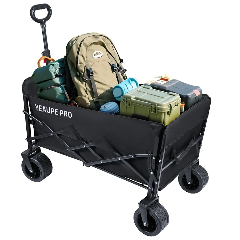 YEAUPE PRO 200L Folding Camping Wagon,Heavy Duty Collapsible Utility Cart with Dual Front Brakes,7" Wide Tank Wheels, Double Cross Frame,Extra Large 100×60cm Trolley for Beach&Garden