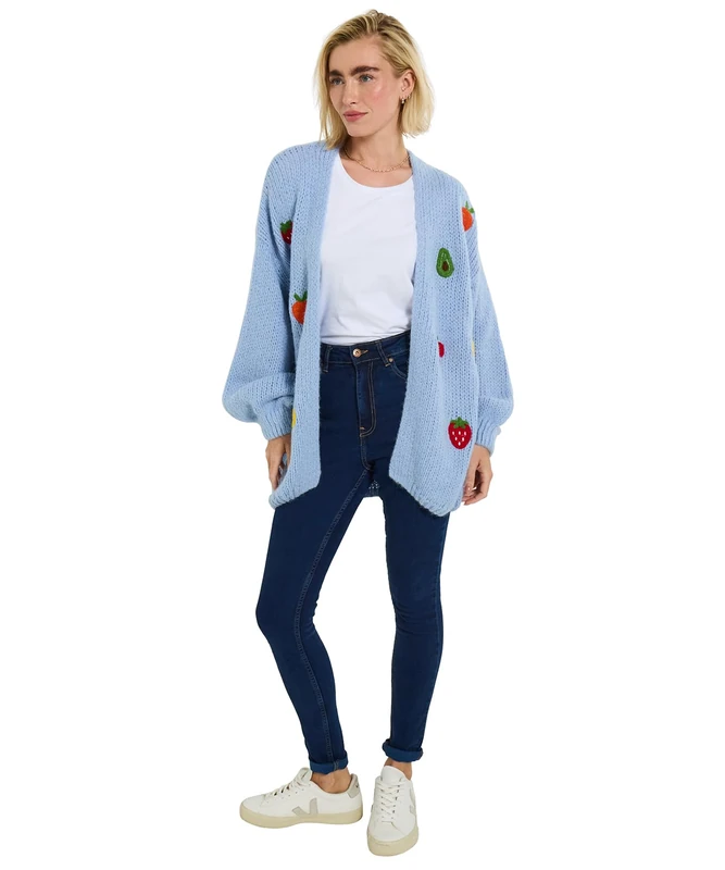 Joe Browns Women's Oversized Fruit Detail Cardigan Sweater, Blue, L