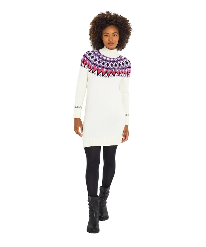 Joe Browns Women's Oversized Fairisle Knitted Dress Pullover Sweater, Beige, 8