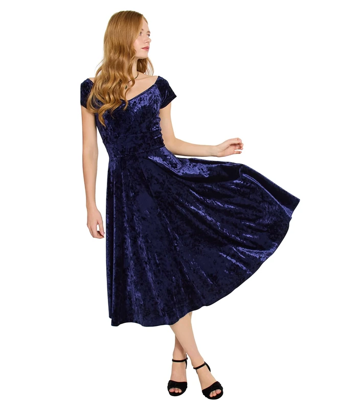 Joe Browns Women's Vintage Velour Skater Dress, Regular, Blue, UK 12