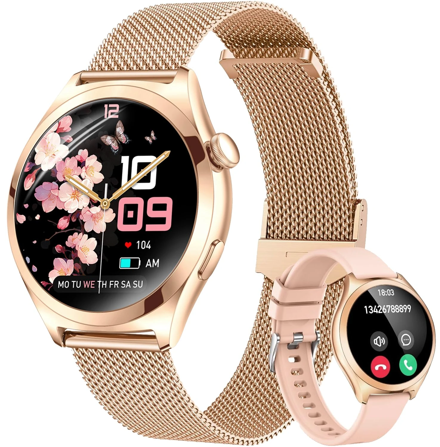 Smart Watches for Women, Answer/Make Calls, 1.27" HD Ladies Smart Watch with Heart Rate/Sleep Monitor, IP68 Waterproof Fitness Tracker Watch Compatible with Android & iOS Phones, 2 Bands, Rose gold
