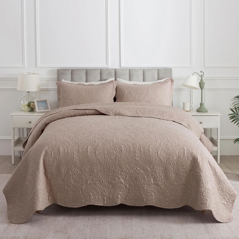 HoneiLife Queen Quilt Bedding Set - Microfiber Quilt Sets for Queen Bed, 3-Piece Lightweight Bedspreads,Reversible Coverlets Rustic Bedlinen Sets, Floral Bedding Set All Season Quilts-Dark Khaki