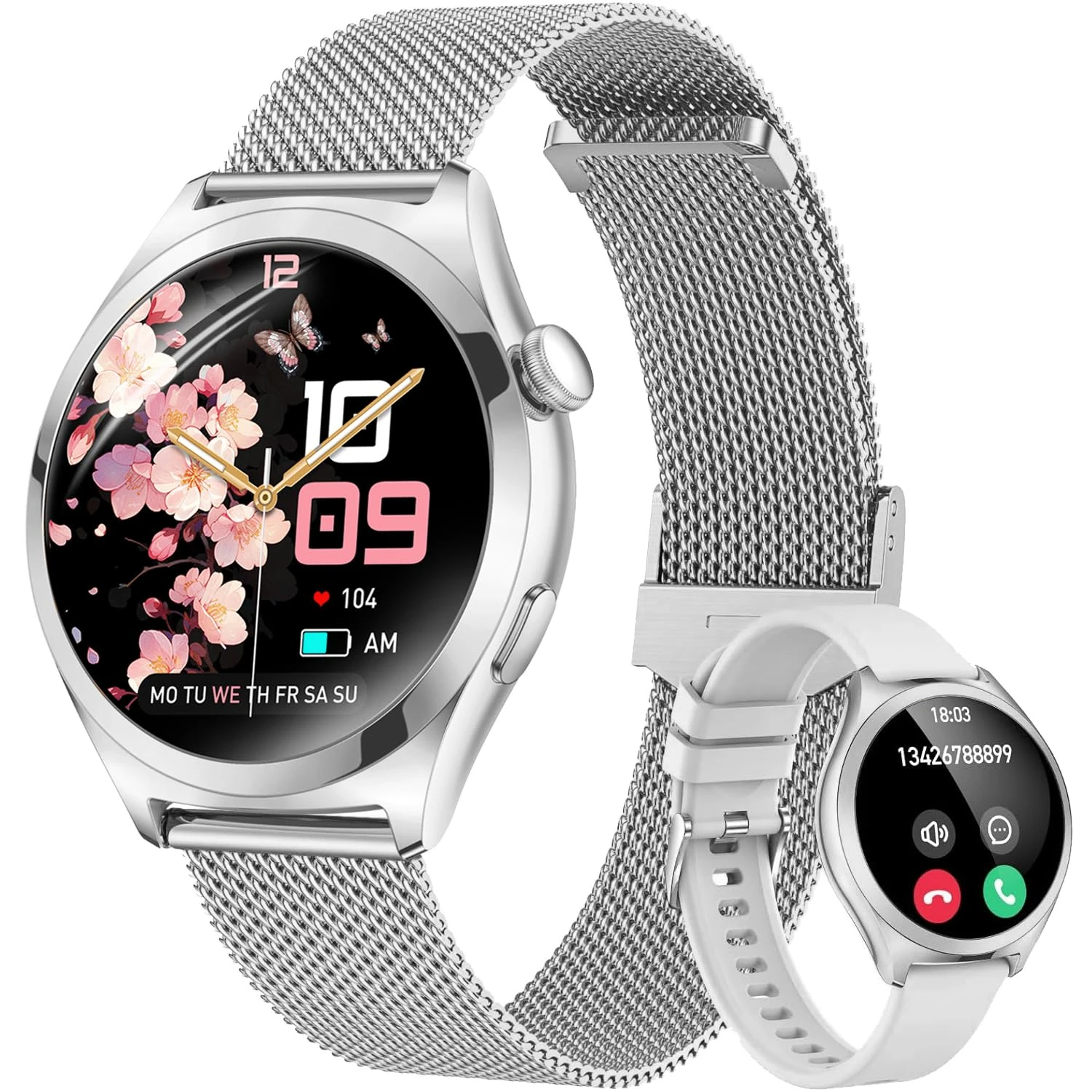 Smart Watches for Women, Answer/Make Calls, 1.27" HD Ladies Smart Watch with Heart Rate/Sleep Monitor, IP68 Waterproof Fitness Tracker Watch Compatible with Android & iOS Phones, 2 Bands, Silver