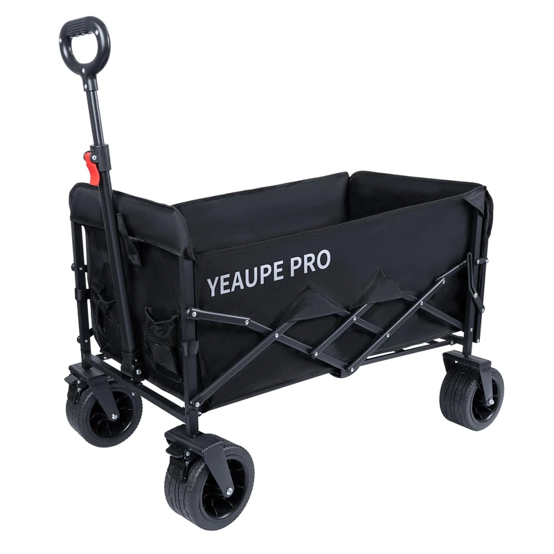 YEAUPE PRO Heavy Duty Folding Camping Trolley 160–240L, Collapsible Garden Utility Wagon with 7" Wide Wheels, Rear-Opening Fold Design, Front Dual Brake, 75×45cm Mesh Bag，Balck