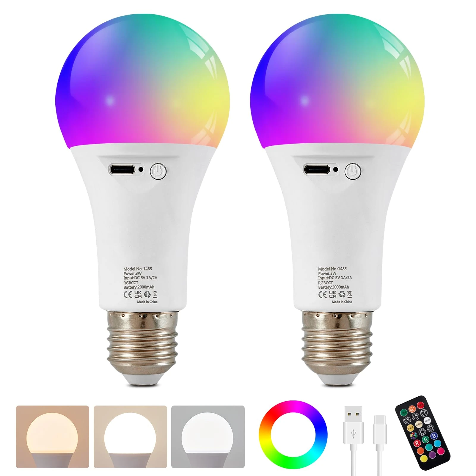 HARPER LIVING Rechargeable Light Bulb with Remote, LED E27 Edison Screw Bulb, Dimmable 9 Colours A60 RGB Lamp Bulbs 2000mAh Battery Wireless for Wall/Table/Floor/Pendant Light, Set of 2