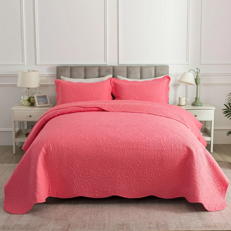 HoneiLife Quilt Sets King Size - Microfiber Bedspreads for King Bed, 3-Piece Lightweight Coverlets, Retro Bedlinen Sets, King Quilt Bedding Set All Season Use-Sugar Coral