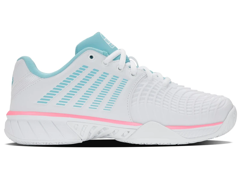 K-Swiss Women's Express Light 3 Padel Tennis Shoe, White/Soft Neon Blue/Neon Bubble Gum, 5.5 UK