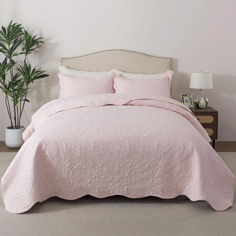 HoneiLife King Size Quilt Sets - 3 Piece Microfiber Quilt Set Lightweight Bedspreads Reversible Coverlets Rustic Bed Cover King Quilt Bedding Set All Season Quilts-Light Pink