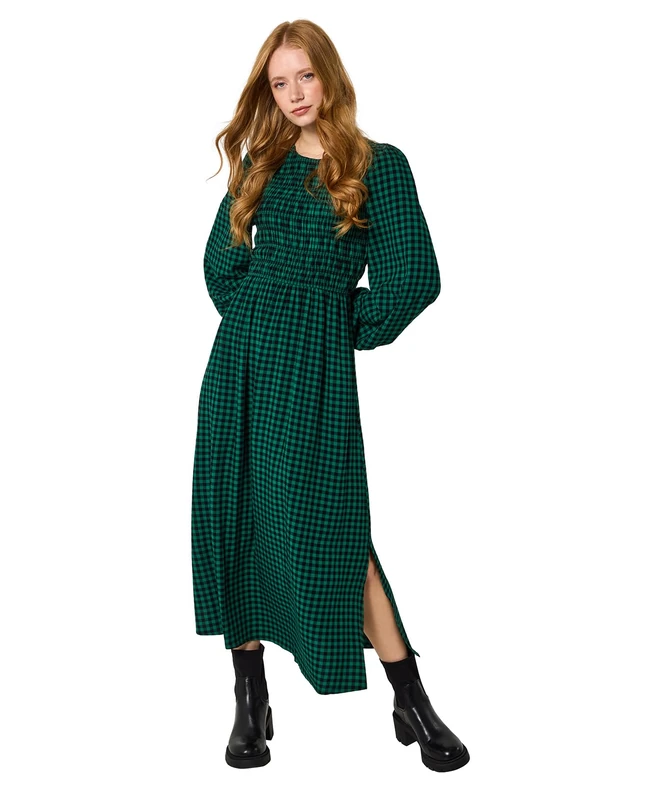 Joe Browns Women's Shirred Bodice Gingham Dress, Regular, Green, UK 16