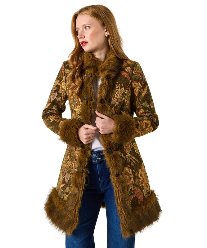 Joe Browns Women's Floral Print Jacquard Coat, Gold, 8