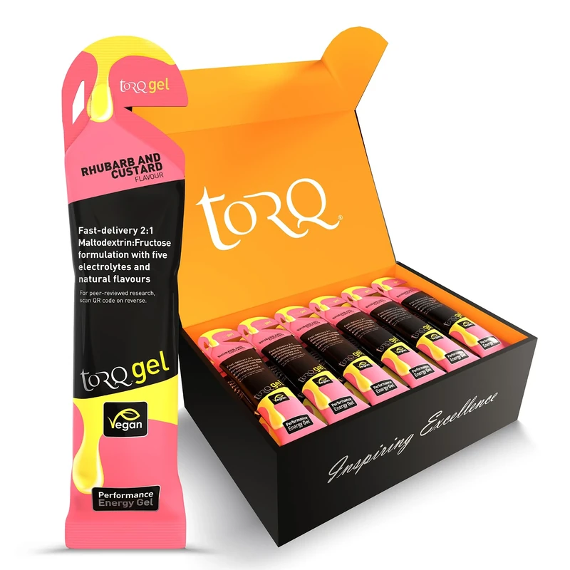 TORQ Running Gels with Electrolytes - 2:1 Maltodextrin: Fructose for Endurance Sports & Optimal Performance | Energy Gels for Running, Cycling & Marathons - 30g Carbs Per Gel | Rhubarb & Custard 30