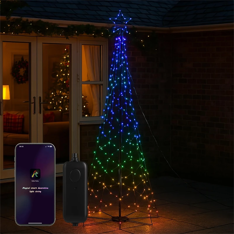 XMAS HAUS 2.4m Tall Christmas Festive String Light Tree, Remote and App Control, All Surface Base, RGB, 415 LED's, Indoor, Outdoor Use, Holiday Decoration